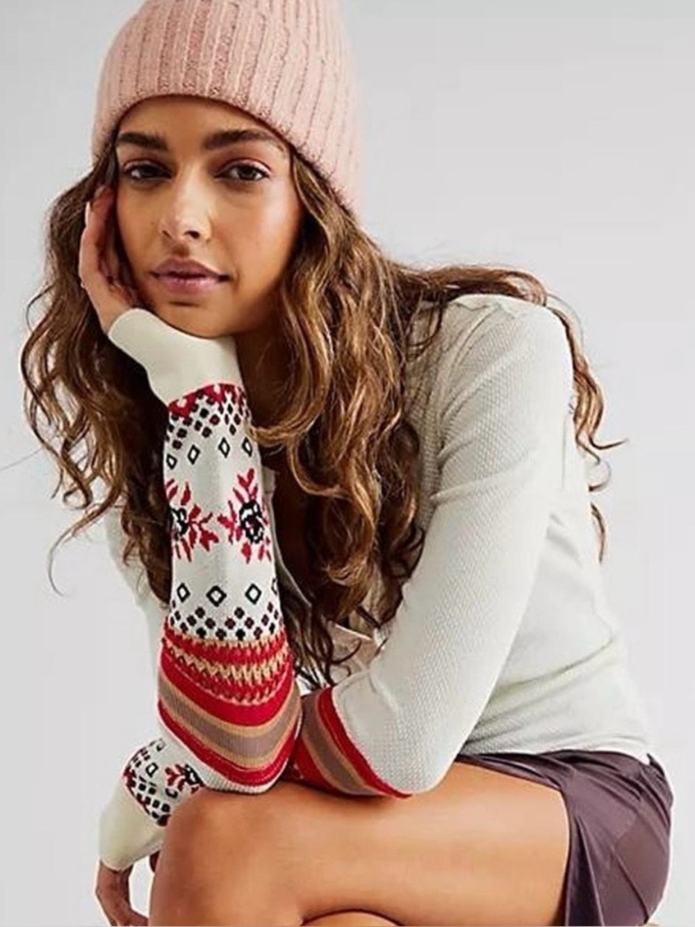 Free People Cream Thermal Henley with Red and Pink Fair Isle Cuffs
